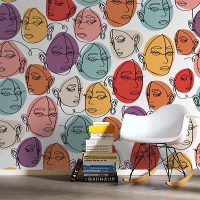 Colorful faces, Line Art, Ταπετσαρίες Τοίχου, 100 x 100 εκ.